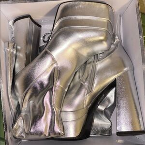 Metallic Silver Platform Ankle Boots - Women
